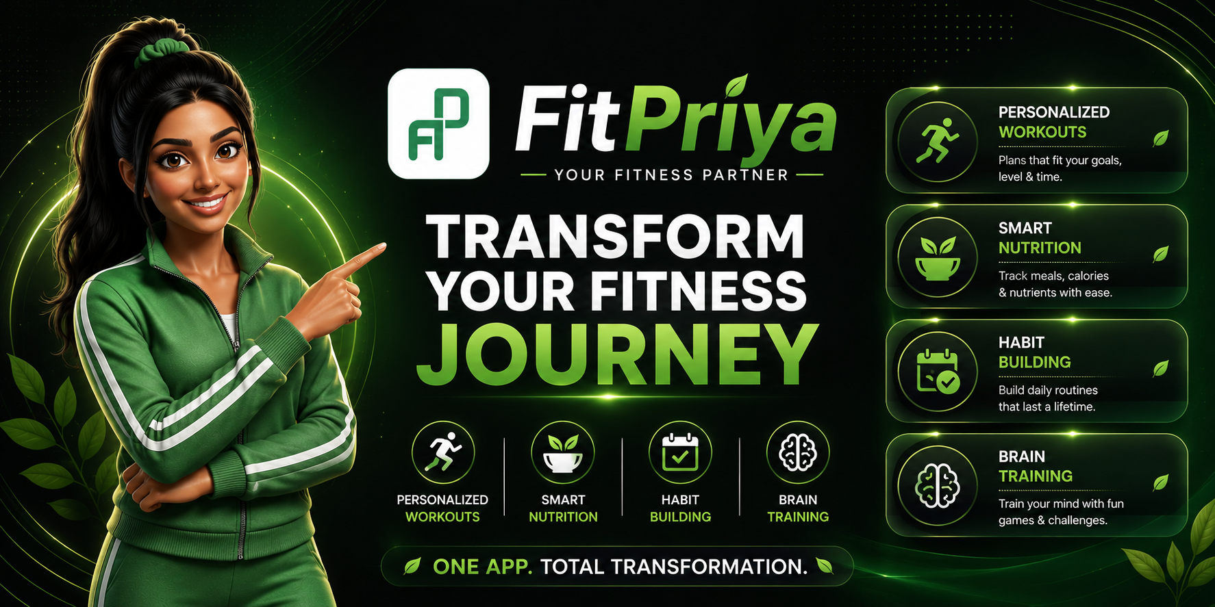 FitPriya app overview with Coach Priya, workout, nutrition, habits, and brain training